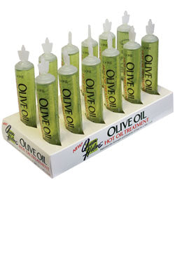 Display of Queen Helene olive oil hot oil treatment bottles in a white stand with branding.